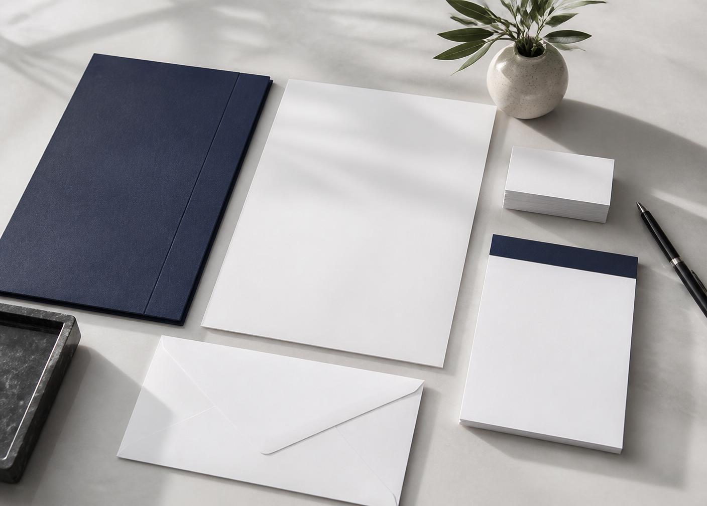 Papelería corporativa impresa: tarjetas, folder, hoja membretada y block